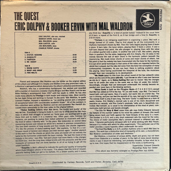 Eric Dolphy - The Quest (Vinyl, LP, Album, Reissue) Very Good (VG) / Very Good Plus (VG+)