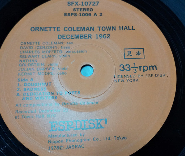 Ornette Coleman - Town Hall • 1962 (Vinyl, LP, Album, Promo, Reissue, Stereo) Very Good Plus (VG+) / Very Good (VG)