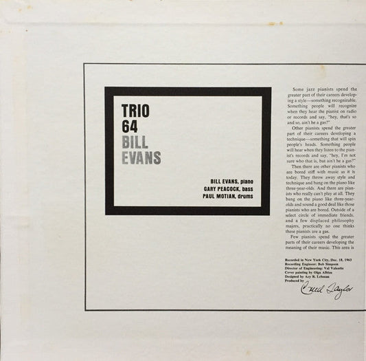 Bill Evans - Trio 64 (Vinyl, LP, Album, Reissue, Stereo) Near Mint (NM or M-) / Very Good Plus (VG+)
