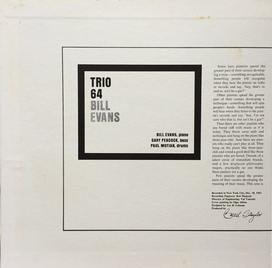 Bill Evans - Trio 64 (Vinyl, LP, Album, Reissue, Stereo) Very Good Plus (VG+) / Very Good Plus (VG+)
