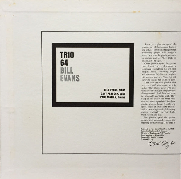 Bill Evans - Trio 64 (Vinyl, LP, Album, Reissue, Stereo) Very Good Plus (VG+) / Very Good Plus (VG+)