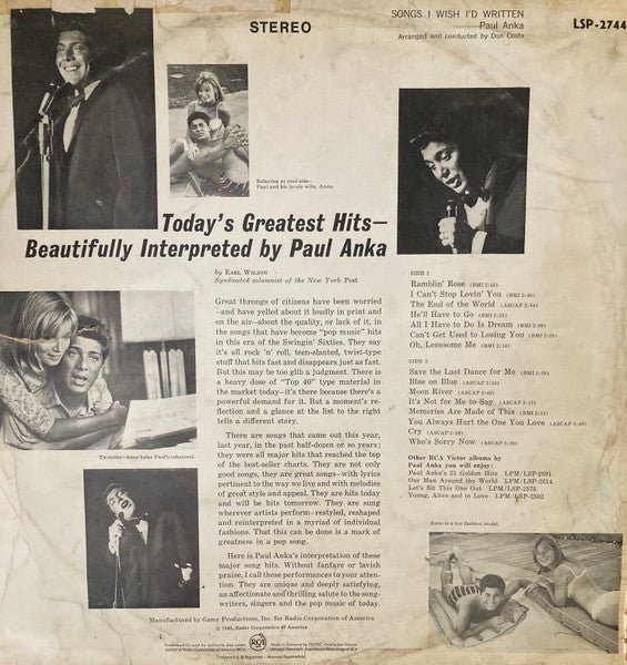Paul Anka - Songs I Wish I'd Written (Vinyl, LP, Album, Stereo) Good Plus (G+) / Fair (F)