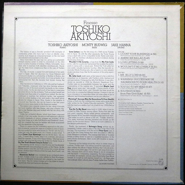 Toshiko Akiyoshi - Finesse (Vinyl, LP, Album) Very Good Plus (VG+) / Very Good Plus (VG+)