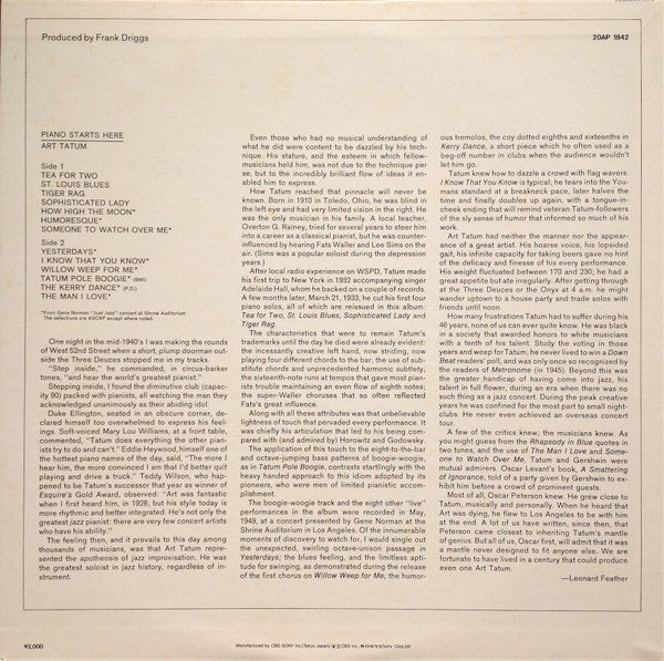 Art Tatum - Piano Starts Here (Vinyl, LP, Compilation, Reissue, Mono) Very Good Plus (VG+) / Very Good Plus (VG+)