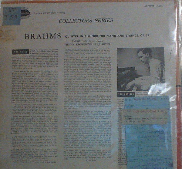 Johannes Brahms - Quintet In F Minor For Piano And Strings, Op. 34 (Vinyl, LP, Reissue, Remastered, Mono) Very Good (VG) / Very Good Plus (VG+)