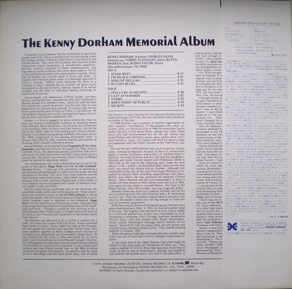 Kenny Dorham - The Kenny Dorham Memorial Album (Vinyl, LP, Album, Reissue, Mono) Very Good Plus (VG+) / Very Good Plus (VG+)