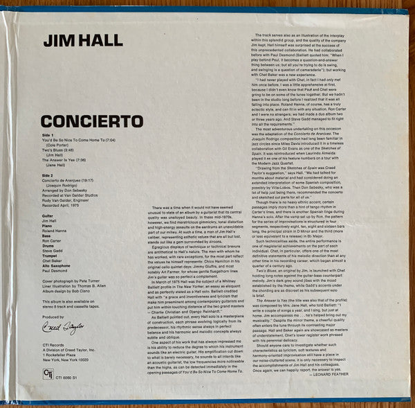 Jim Hall - Concierto (Vinyl, LP, Album, Stereo) Very Good (VG) / Very Good (VG)
