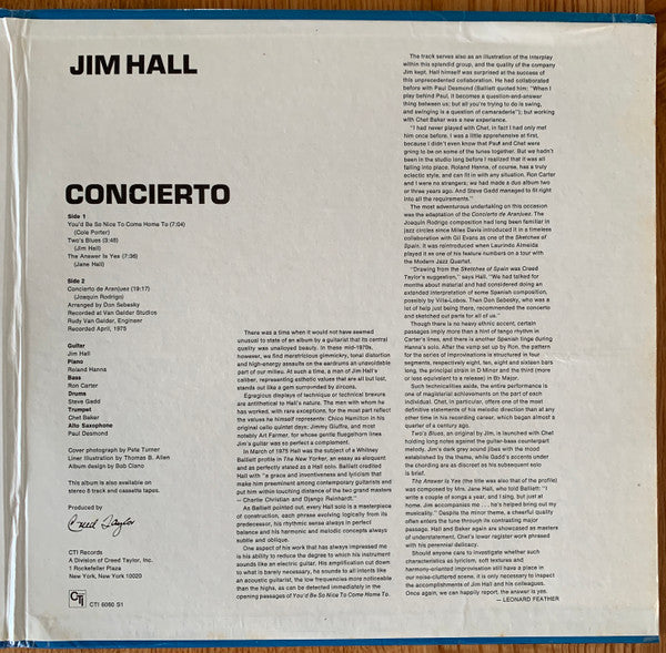 Jim Hall - Concierto (Vinyl, LP, Album, Stereo) Very Good (VG) / Very Good Plus (VG+)
