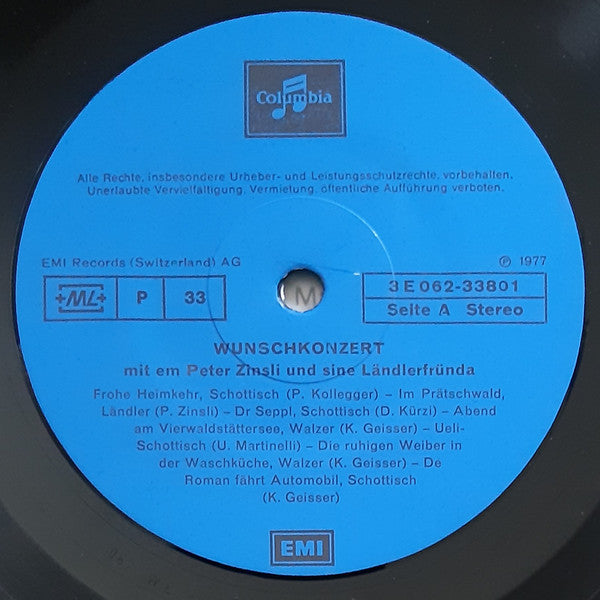 Peter Zinsli Und Sini Churer Ländlerfründa - Wunschkonzert (Vinyl, LP, Stereo) Very Good (VG) / Very Good (VG)