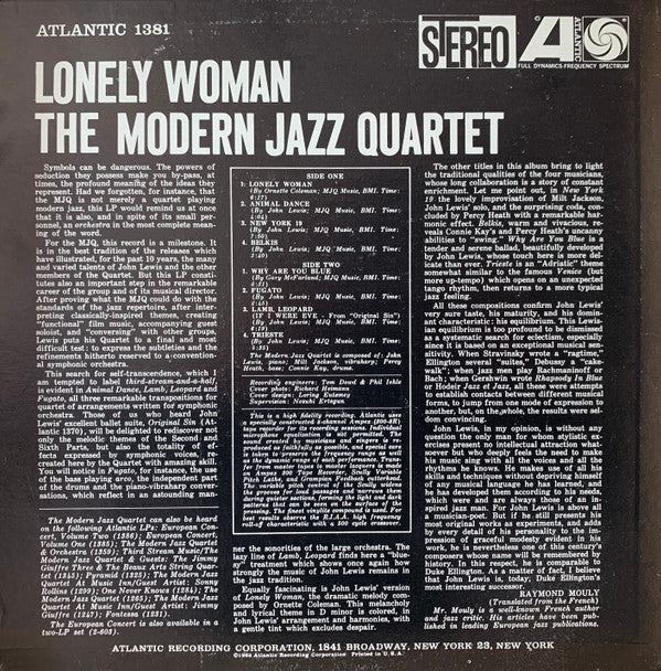 The Modern Jazz Quartet - Lonely Woman (Vinyl, LP, Reissue, Stereo) Very Good (VG) / Very Good Plus (VG+)