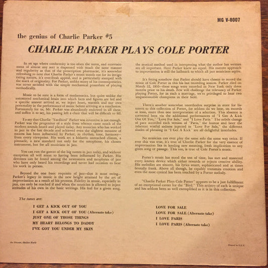 Charlie Parker - Charlie Parker Plays Cole Porter (Vinyl, LP, Album, Mono) Good Plus (G+) / Poor (P)