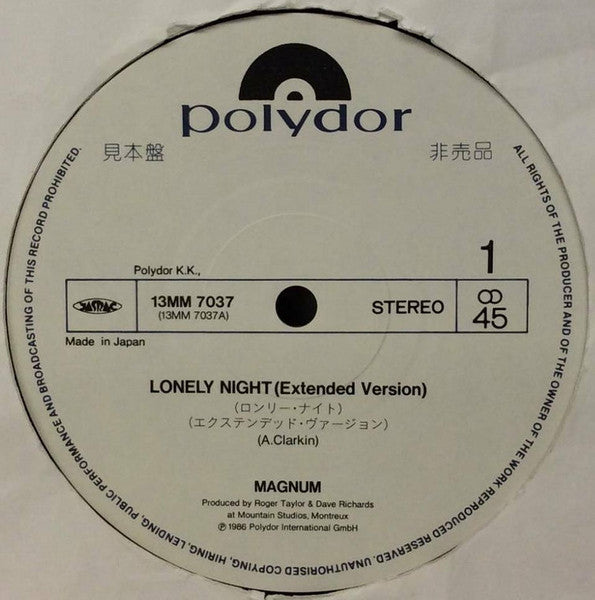 Magnum (3) - Lonely Night (Extended Version) (Vinyl, 12", 45 RPM, Promo) Very Good Plus (VG+) / Very Good Plus (VG+)