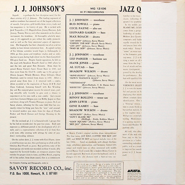 J.J. Johnson - J.J. Johnson's Jazz Quintets (Vinyl, LP, Album, Reissue, Mono) Very Good Plus (VG+) / Very Good Plus (VG+)