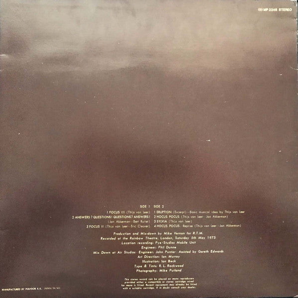 Focus (2) - Focus At The Rainbow (Vinyl, LP, Album, Stereo) Very Good Plus (VG+) / Very Good (VG)