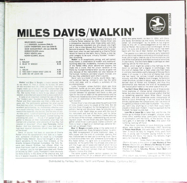 Miles Davis - Walkin' (Vinyl, LP, Album, Reissue, Remastered, Stereo) Very Good (VG) / Good Plus (G+)