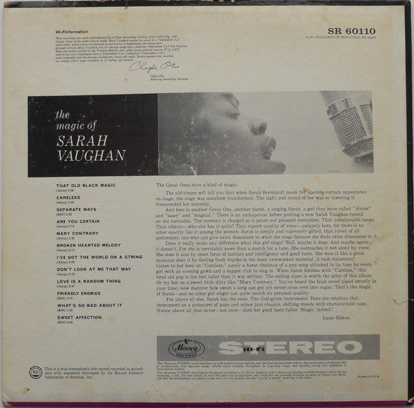 Sarah Vaughan - The Magic Of Sarah Vaughan (Vinyl, LP, Album, Stereo) Very Good (VG) / Good Plus (G+)