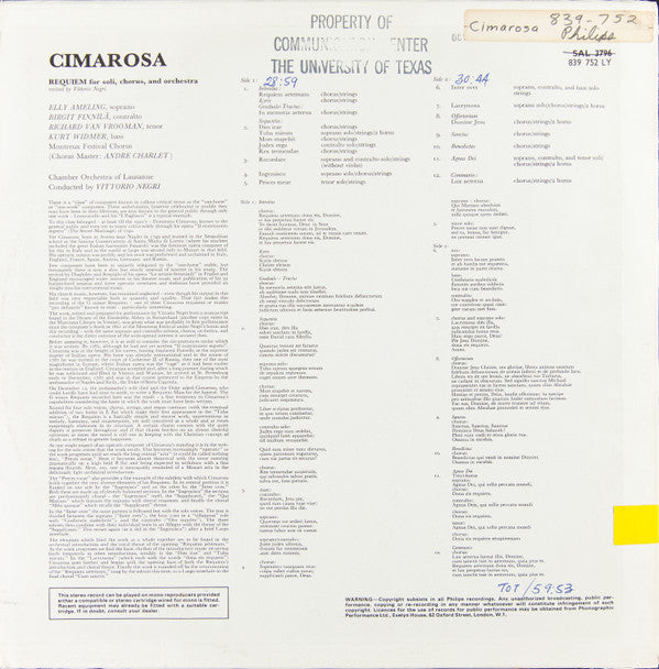 Domenico Cimarosa - Requiem (Vinyl, LP, Album, Stereo) Near Mint (NM or M-) / Very Good Plus (VG+)