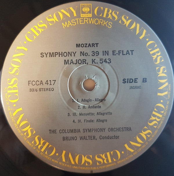 Bruno Walter - Symphony No. 38 in D Major, K. 504 "Prague" / Symphony No. 39 in E-Flat Major, K. 543 (Vinyl, LP, Compilation, Stereo) Very Good (VG) / Very Good (VG)