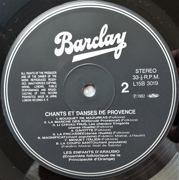 Les Enfants D'Arausio - Chants Et Danses De Provence = フランスの民俗音楽〈I〉/ プロヴァンス地方の歌と踊り (Vinyl, LP, Reissue, Stereo) Very Good Plus (VG+) / Very Good Plus (VG+)