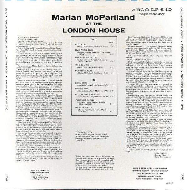 Marian McPartland - Marian McPartland At The London House (Vinyl, LP, Album, Reissue, Mono) Very Good Plus (VG+) / Very Good Plus (VG+)