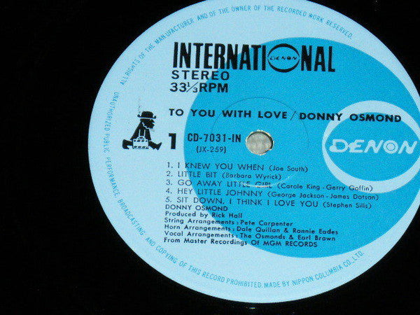 Donny Osmond - To You With Love, Donny (Vinyl, LP, Album) Near Mint (NM or M-) / Very Good Plus (VG+)