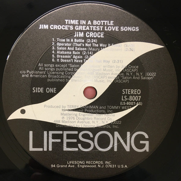 Jim Croce - Time In A Bottle, Jim Croce's Greatest Love Songs (Vinyl, LP, Compilation) Very Good (VG) / No Cover