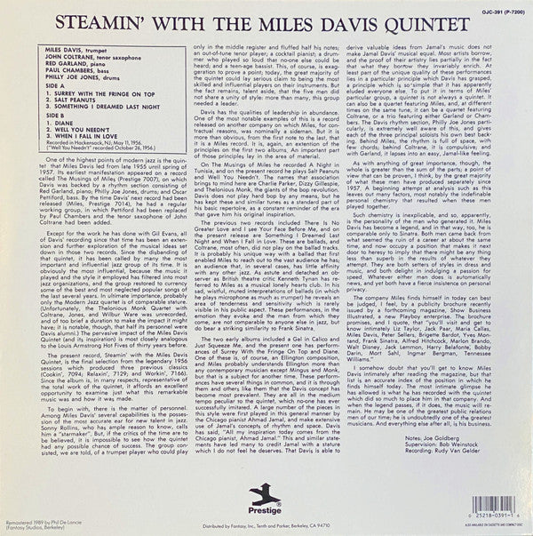 The Miles Davis Quintet - Steamin' With The Miles Davis Quintet (Vinyl, LP, Album, Reissue, Remastered) Very Good Plus (VG+) / Very Good Plus (VG+)