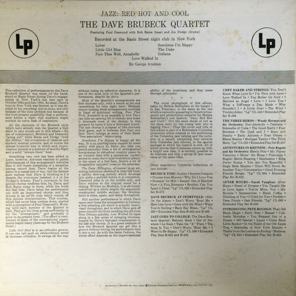 The Dave Brubeck Quartet - Jazz: Red Hot And Cool (Vinyl, LP, Album, Mono) Very Good Plus (VG+) / Very Good Plus (VG+)
