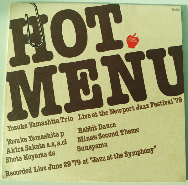 Yosuke Yamashita Trio - Hot Menu, Live At The Newport Jazz Festival '79 (Vinyl, LP, Album, Promo, White Label, Stereo) Very Good Plus (VG+) / Good Plus (G+)