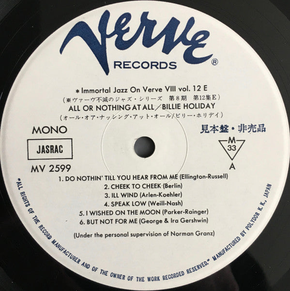 Billie Holiday - All Or Nothing At All (Vinyl, LP, Album, Promo, Reissue, Mono) Very Good Plus (VG+) / Very Good Plus (VG+)