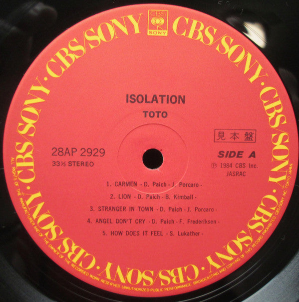 Toto - Isolation (Vinyl, LP, Album, Promo, Stereo) Very Good Plus (VG+) / Very Good Plus (VG+)