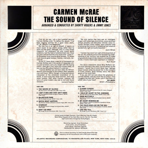 Carmen McRae - The Sound Of Silence (Vinyl, LP, Album, Reissue) Very Good Plus (VG+) / Very Good (VG)