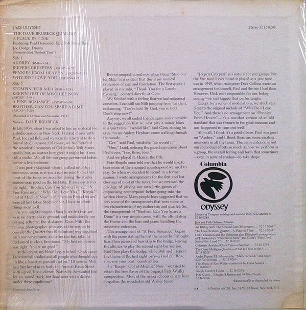 The Dave Brubeck Quartet - A Place In Time (Vinyl, LP, Album, Reissue, Stereo) Very Good (VG) / Fair (F)