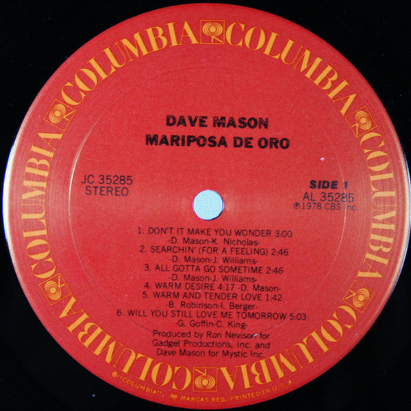 Dave Mason - Mariposa De Oro (Vinyl, LP, Album) Very Good (VG) / Very Good Plus (VG+)