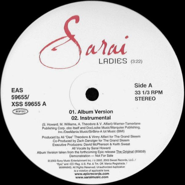 Sarai - Ladies (Vinyl, 12", 33 ⅓ RPM, Promo) Very Good Plus (VG+) / Very Good Plus (VG+)