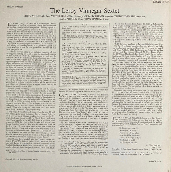 Leroy Vinnegar Sextet - Leroy Walks! (Vinyl, LP, Album, Reissue) Very Good (VG) / Very Good Plus (VG+)