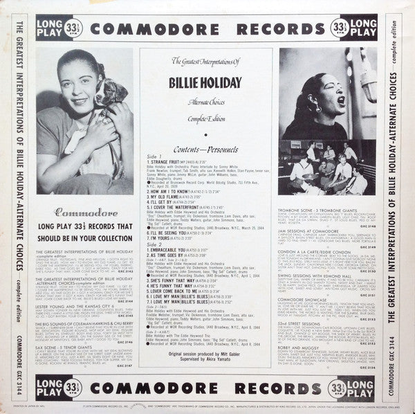Billie Holiday - The Greatest Interpretations Of Billie Holiday - Alternate Choices - Complete Edition = Strange Fruit ~Alternate Takes (Vinyl, LP, Compilation, Reissue, Mono) Very Good Plus (VG+) / Very Good Plus (VG+)