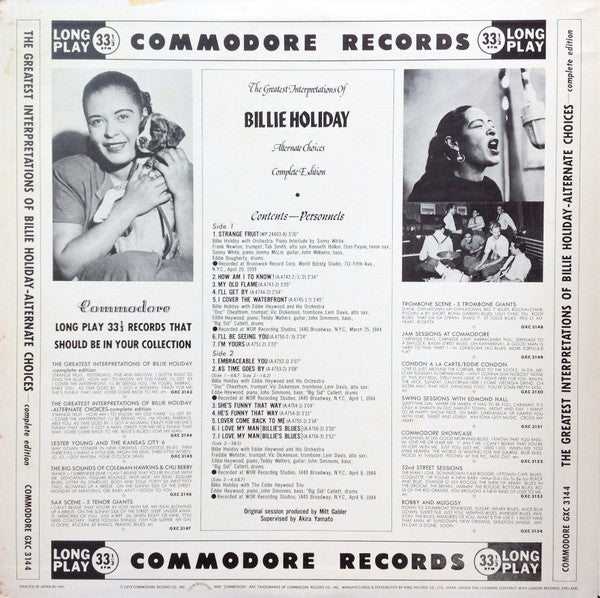 Billie Holiday - The Greatest Interpretations Of Billie Holiday - Alternate Choices - Complete Edition = 奇妙な果実~別テイク集 (Vinyl, LP, Compilation, Reissue, Mono) Very Good Plus (VG+) / Very Good Plus (VG+)