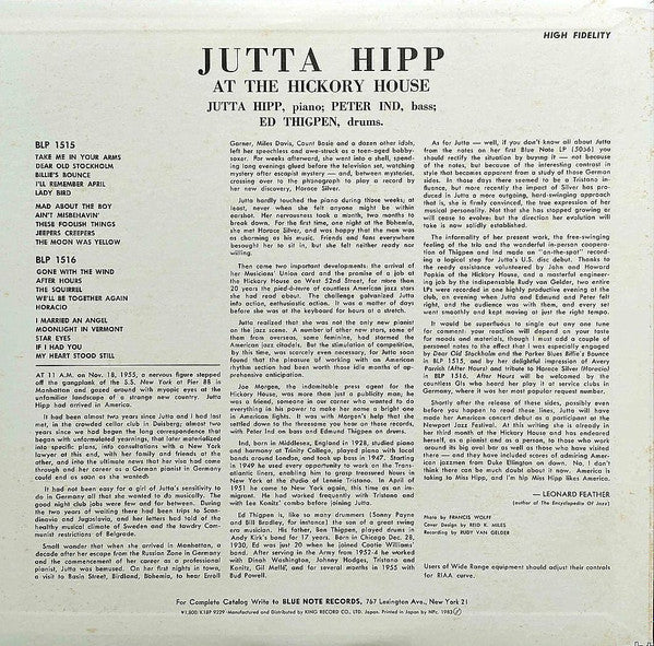 Jutta Hipp - At The Hickory House Volume 2 (Vinyl, LP, Album, Reissue, Mono) Very Good Plus (VG+) / Very Good (VG)