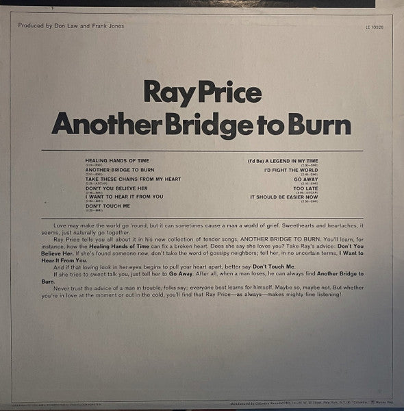 Ray Price - Another Bridge To Burn (Vinyl, LP, Album, Stereo, Reissue) Very Good Plus (VG+) / Very Good Plus (VG+)