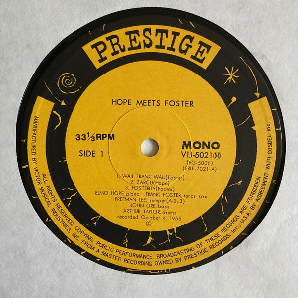 Elmo Hope Quartet - Hope Meets Foster (Vinyl, LP, Album, Mono, Reissue) Near Mint (NM or M-) / Very Good (VG)