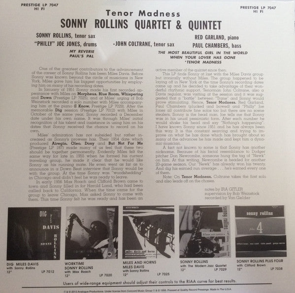 Sonny Rollins Quartet - Tenor Madness (Vinyl, LP, Album, Mono, Reissue, Limited Edition) Near Mint (NM or M-) / Near Mint (NM or M-)
