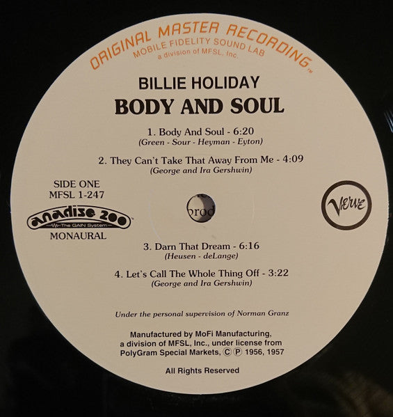 Billie Holiday - Body And Soul (Vinyl, LP, Limited Edition, Numbered, Reissue, Remastered, Mono) Very Good Plus (VG+) / Near Mint (NM or M-)