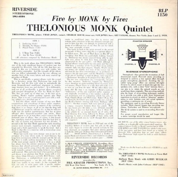 The Thelonious Monk Quintet - 5 By Monk By 5 (Vinyl, LP, Album, Reissue, Stereo) Very Good (VG) / Good Plus (G+)