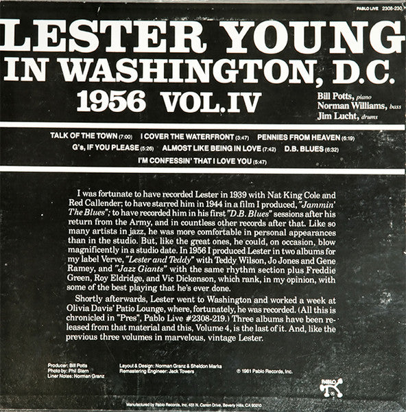 Lester Young - Pres Vol. IV (Vinyl, LP, Album) Very Good (VG) / Good Plus (G+)