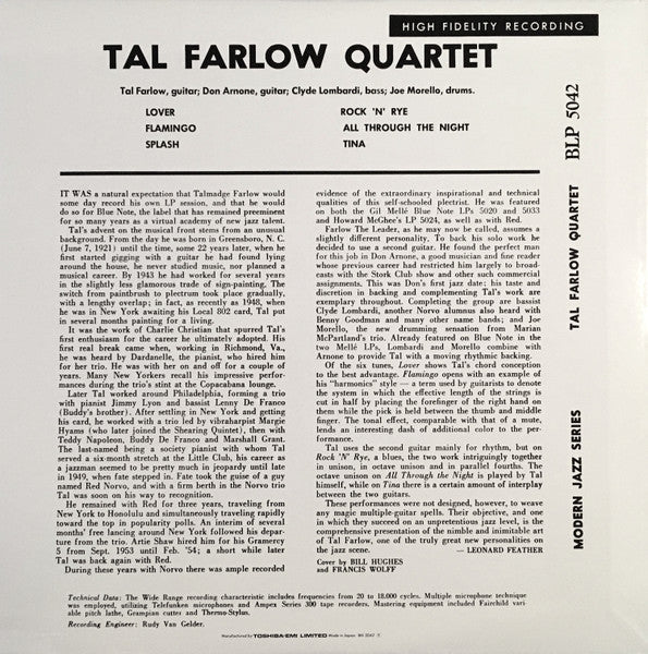 The Tal Farlow Quartet - Tal Farlow Quartet (Vinyl, LP, Album, Limited Edition, Reissue, Mono) Very Good Plus (VG+) / Very Good (VG)