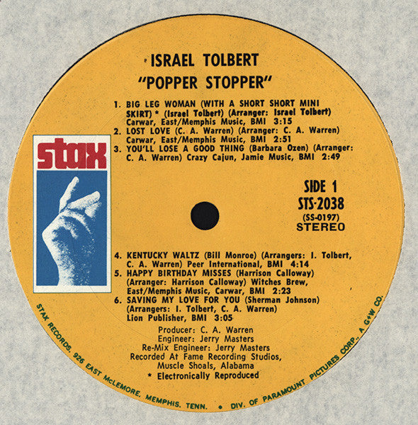 Israel Tolbert - Popper Stopper (Vinyl, LP, Album, Stereo) Good Plus (G+) / Very Good (VG)