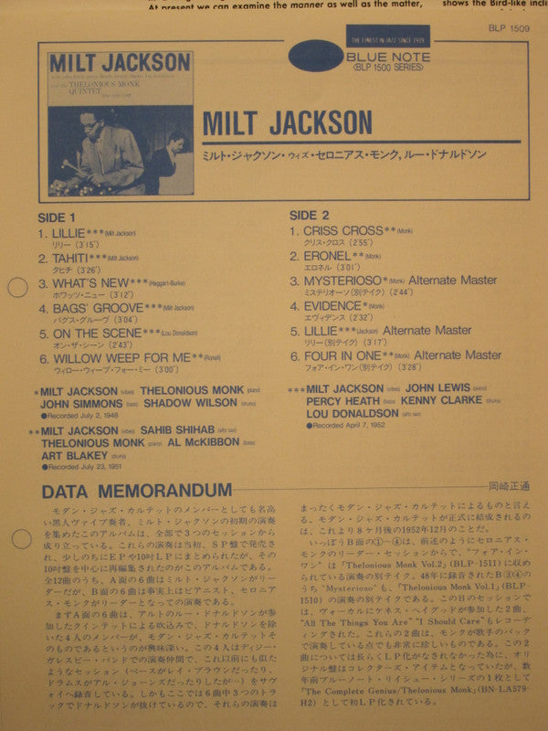 Milt Jackson - Milt Jackson With John Lewis, Percy Heath, Kenny Clarke, Lou Donaldson And The Thelonious Monk Quintet (Vinyl, LP, Compilation, Reissue, Remastered, Mono) Very Good (VG) / Very Good Plus (VG+)