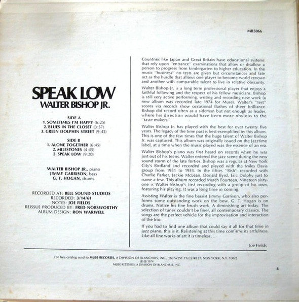 Walter Bishop, Jr. - Speak Low (Vinyl, LP, Album, Reissue, Stereo) Very Good (VG) / Very Good (VG)