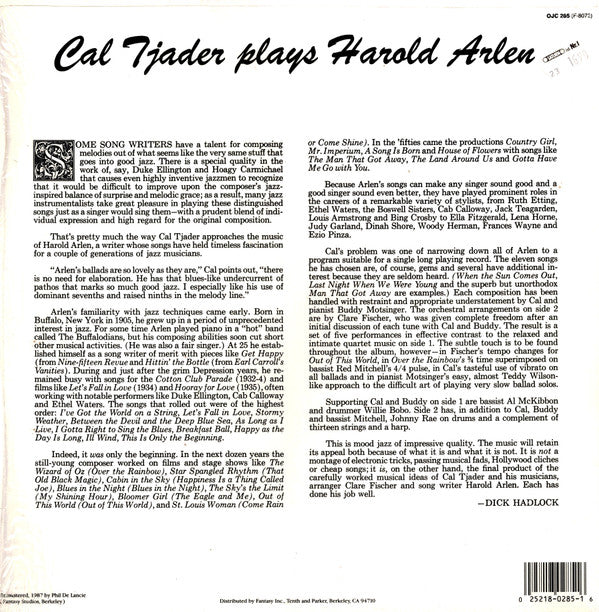 Cal Tjader - Cal Tjader Plays Harold Arlen (Vinyl, LP, Album, Reissue, Remastered) Very Good (VG) / Very Good Plus (VG+)